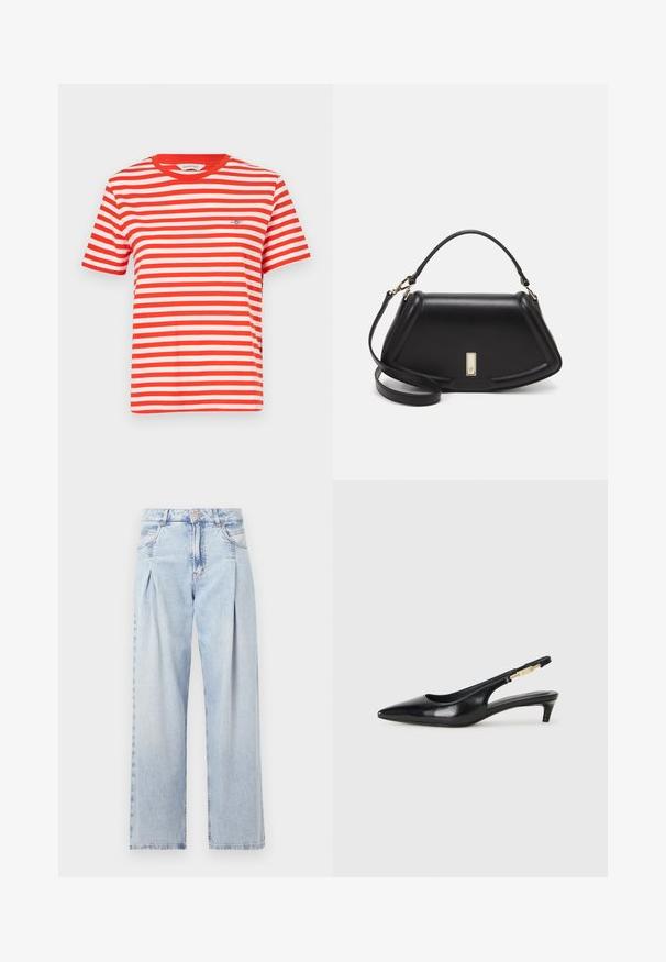 Raudonai ir balta dryžuota marškinėliai su trumpomis rankovėmis, apvaliu kaklu ir siuvinėtu logotipu kairiajame krūtinės pusėje. Pagaminti iš medvilnės, laisvas kirpimas.; Šviesiai mėlyni džinsai su aukštu liemeniu, plačiomis kojomis, dviem šoninėmis kišenėmis ir raukinių dizainu. Minkšta tekstūra su nudilusia apdaila.; Juodas odinis pavasario batelių modelis su smailiu nosiu, turintis siaurą kulniuką ir auksinės spalvos akcentu reguliuojamoje juostoje. Lygi tekstūra.; Juoda odinė rankinė su struktūrizuotu dizainu, turi trumpą formą, viršutinę rankeną ir auksinius akcentus. Pridėtas reguliuojamas peties diržas.