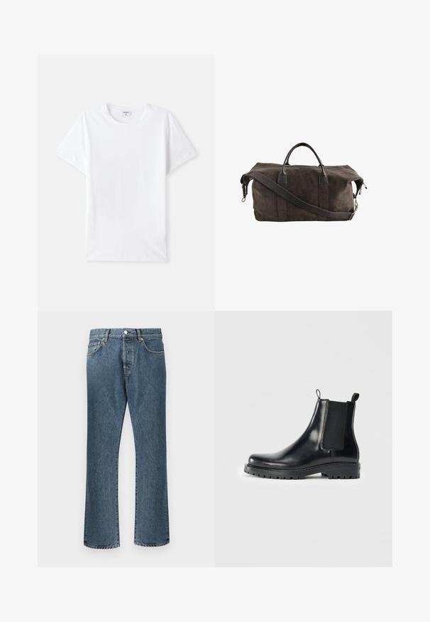 Biała bawełniana koszulka, okrągły dekolt, krótkie rękawy, gładka tekstura, bez wzorów ani akcentów, prosty fason, standardowe dopasowanie.; Niebieskie dżinsy o prostym kroju, z klasycznym zapięciem na guziki i zamek błyskawiczny, pięcioma kieszeniami oraz subtelnym wyblaknięciem.; Czarne skórzane botki Chelsea z elastycznymi panelami bocznymi, pętelką do łatwego zakładania oraz wytrzymałą gumową podeszwą z teksturowanym gripem.; Ciemnobrązowa torba podróżna zamszowa z skórzanymi uchwytami i regulowanym paskiem na ramię, wyposażona w zamek błyskawiczny u góry.