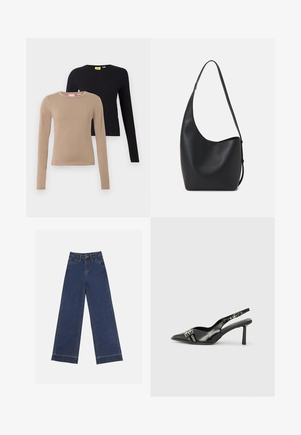 Long-sleeve tops in beige and black, featuring rounded necklines, smooth texture, and fitted design. Labels are visible on the necklines.; Wide-leg jeans in dark blue denim. Features five pockets, belt loops, and a raw hem at the bottom with visible stitching details.; Black patent leather slingback shoe with pointed toe, ankle straps featuring silver buckles and hardware, and a slender heel.; Black leather hobo bag with a smooth texture, curved shape, and single adjustable strap; features a wide opening at the top.