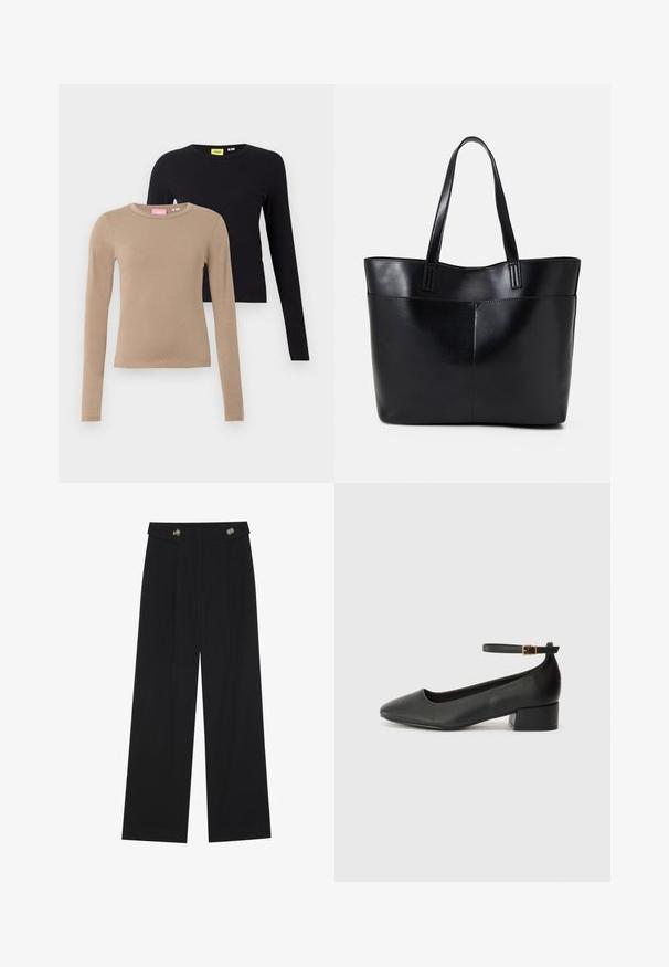 Duge rukave u bež i crnoj boji, sa zaobljenim izrezima, glatkom teksturom i prilagođenim dizajnom. Oznake su vidljive na izrezima.; Crne hlače širokih nogavica s visokim strukom, s dugmadi na pojasu i prednjim nabora.; Crne kožne pumpe s oštrim vrhom i niskom blok petom. Sadrže remen oko gležnja s zlatnim kopčanjem. Glatka tekstura.; Crna kožna torba s dugim ručkama, glatkom teksturom i strukturiranim oblikom. Ima prednju džep za dodatno pohranu.