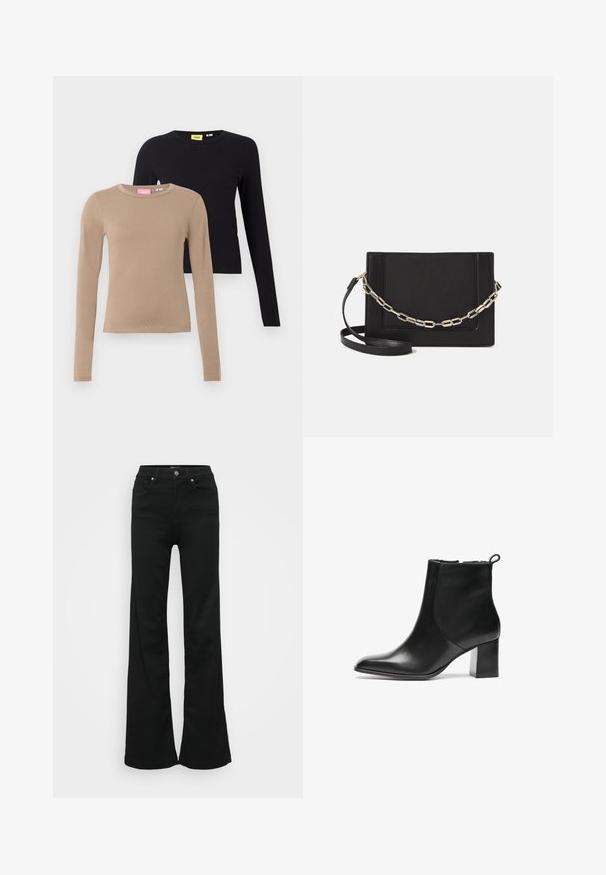 Ilga piedurkne tops betona un melnā krāsā, ar noapaļotiem kakla izgriezumiem, gludu tekstūru un pieguļošu dizainu. Uz kakla izgriezumiem ir redzamas birkas.; Melnas flared džinsas, izgatavoti no denima, ar augstu jostasvietu, piecām kabatām un metāla pogu aizdari. Gluda tekstūra ar minimālu apdari.; Melnas ādas potītes zābaks ar noapaļotu purngalu, vidēja augstuma bloku papēdi un aizdari aizmugurē. Gluda tekstūra, minimāls dizains.; Melna ādas crossbody soma ar gludu faktūru, taisnstūrveida formu un metalizētu ķēdes detaļu priekšā. Iekļauta regulējama siksna.