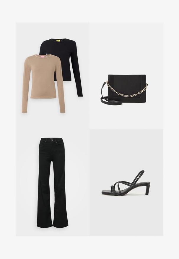 Majice s dolgimi rokavi v bež in črni barvi, z zaobljenimi ovratniki, gladko teksturo in prilegajočim dizajnom. Oznake so vidne na ovratnikih.; Črne razširjene kavbojke iz denima, z visokim pasom, petimi žepi in kovinskim gumbom za zapiranje. Gladka tekstura z minimalnimi detajli.; Črne natikače s trakovi in kvadratnim prstom ter nizkim blokastim peto. Imajo več tankih trakov in nastavljiv trak okoli gležnja. Narejene so iz gladkega usnja.; Črna usnjena torba čez ramo z gladko teksturo, pravokotno obliko in kovinskim verižnim detajlom spredaj. Vključena je nastavljiva naramnica.