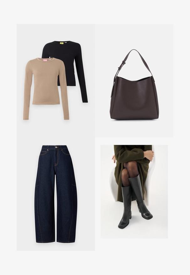 Pitkähihaiset paidat vaaleanbeigeinä ja mustina, joissa on pyöreät kaula-aukokset, sileä rakenne ja istuva muotoilu. Tunnisteet näkyvät kaula-aukkojen kohdalla.; Musta siniset leveälahkeiset farkut, joissa on kontrastiväriset oranssit tikkaukset, viisi taskua sekä nappi- ja vetoketjukiinnitys vyötäröllä.; Polvisuoja mustat nahastossud, millel on ruudukujuline varvas ja plokk-kints, on esitatud mudeli seljas, kes istub oliivrohelises mantlis. Sile tekstuur, minimaalne detailitus.; Vero Moda VMLANE - Shopping bag - chocolate torte