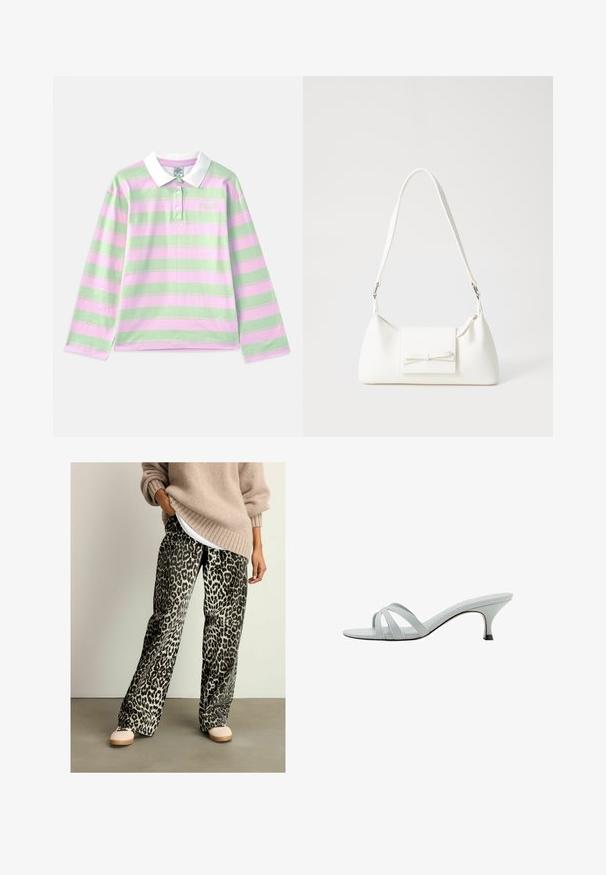 Polo majica z dolgimi rokavi in belim ovratnikom, z vodoravnimi svetlo zelenimi in roza črtami, narejena iz mehke bombažne tkanine.; Hlače širokega kroja z leopardjim vzorcem, izdelane iz mehkega materiala, z elastičnim pasom v črni in bež barvi. Ujemajo se z bež puloverjem.; Svetlo sivi sandali s petom s tremi ukriženim trakama, vitkim oblikom i suženom petom. Glatka tekstura s lagano sjajnim završetkom.; Bela sintetična torbica v obliki trikotnika, z ravnim sprednjim poklopcem in detajlom mašne, nastavljivim trakom, gladko teksturo in minimalističnim dizajnom.