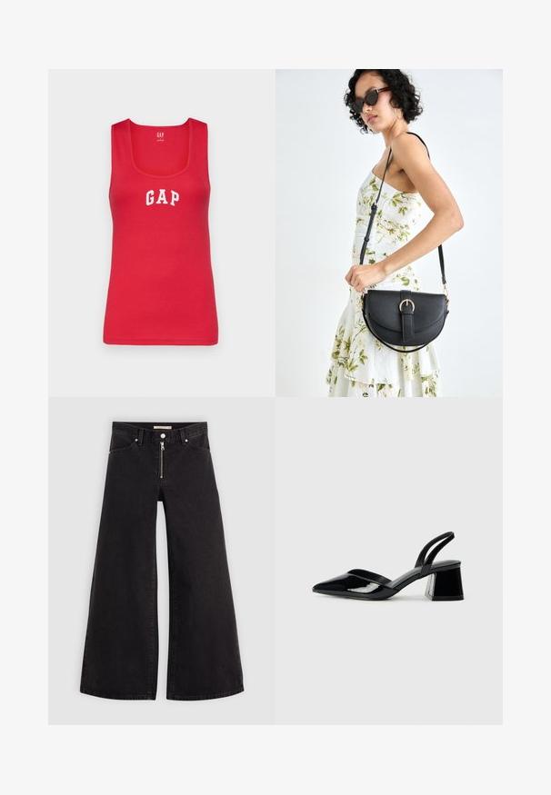 GAP TANK - Top - slipper red; Jeans cu picioare largi din denim negru, cu fermoar în față, design cu cinci buzunare și detalii subtile de cusătură. Textură netedă și stil casual.; Pantofi cu toc slingback din piele lacuită neagră, cu vârf ascuțit și toc geometric. Prezintă un design elegant, minimalist și o textură netedă.; Geantă din piele neagră, cu o formă curbată, curea detașabilă și accesorii aurii. Geanta are un capac cu un detaliu tip cataramă.