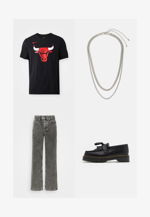 Črna bombažna majica s kratkimi rokavi, ki na sprednji strani nosi izrazit rdeč in bel logotip bika Chicago Bulls. Ima kratke rokave in krožni izrez.; Široke traperice v zbledeli črni denimu, ki imajo gumb zapiranje, pet žepov in kontrastno šivanje ob šivih.; Črne usnjene loafersice s kaširanim naglasom, z debelim črnim podplatom in rumenim šivom ob robu. Teksturirana površina.; Tri-slojni srebrni kovinski ogrlica z elegantnimi, fleksibilnimi verigami z rahlim leskom, varovana z zaponko s katero se zaključi in nastavljivo verigo.