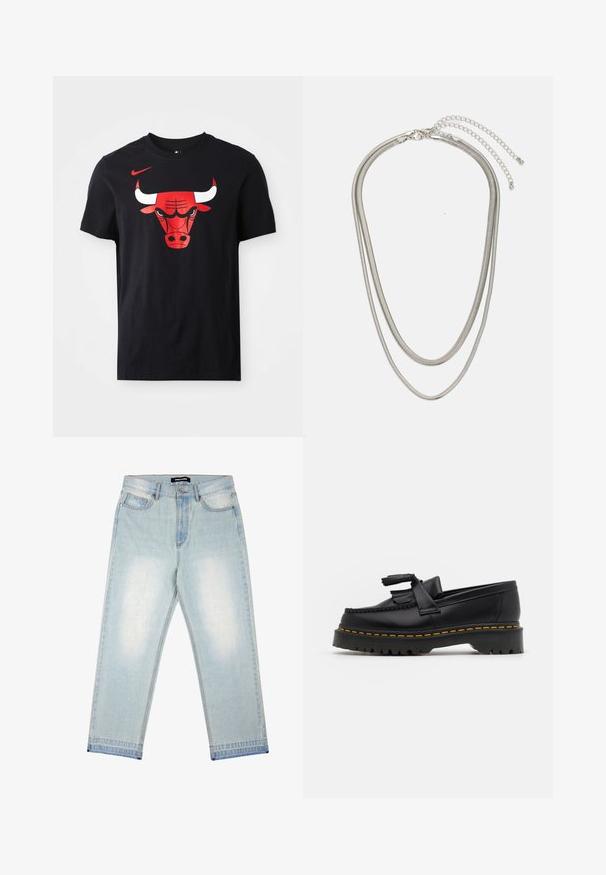 Svart bomull T-shirt med en framträdande röd och vit Chicago Bulls-bullslogotyp framtill. Kort ärm och rundad halsdesign.; Pegador BARROW - Löst sittande jeans - sand washed blue; Svart läderloafer med en tofsdetalj, med en kraftig svart sula och gul söm längs kanten. Strukturerad yta.; Tre-lager silvermetallhalsband med eleganta, flexibla kedjor med en svag glans, säkrad med ett kräftklämma och justerbar kedja.