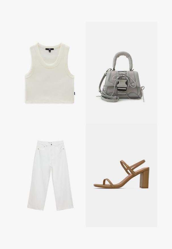 Canottiera bianca a costine con scollatura ampia e grosse aperture per le braccia. Presenta un'etichetta del marchio visibile al collo e un'etichetta laterale con il nome del marchio.; Jeans bianchi a gamba larga realizzati in denim con vita alta, dotati di cinque tasche e dettagli in metallo. Texture liscia, senza motivi visibili.; Sandali con tacco color marrone chiaro, dotati di due cinturini sottili e di un tacco a blocco quadrato. Materiale liscio con un design minimale e un piccolo dettaglio in oro.; Borsa grigia con texture, dotata di manico imbottito, accenti in rete, tracolla regolabile e chiusura frontale. Design compatto con forma arrotondata.