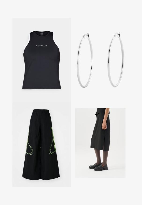 Endless ESSENTIAL - Top - black; adidas Originals TEAMGEIST - Træningsbukser - black/signal green; Sort knælange nederdel med sideslids, parret med sorte loafers og gennemsigtige brune strømpebukser, der har et glat stof og et enkelt design.; Sølv hoops øreringe med en glat, poleret overflade og en tynd, cirkulær form. Designet har en sikker låsemekanisme.