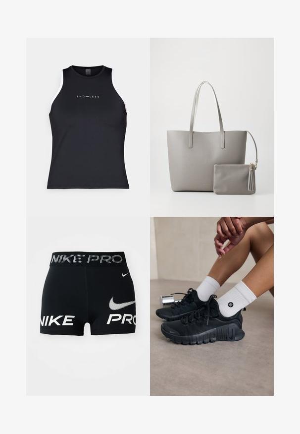 Endless ESSENTIAL - Felső - black; Fekete Nike Pro sportnadrág fehér Nike logókkal és felirattal a derékon és elöl.; Fekete sportcipők texturált anyagból, fűzős kialakítással és hangsúlyos talppal, fehér bordás zoknikkal párosítva, melyek kis logóval rendelkeznek.; Szürke szintetikus válltáska, két hosszú füllel és egy hozzá illő, cipzáras kis tasakkal, amely tasselt tartalmaz. Simító textúra finom mintázattal.