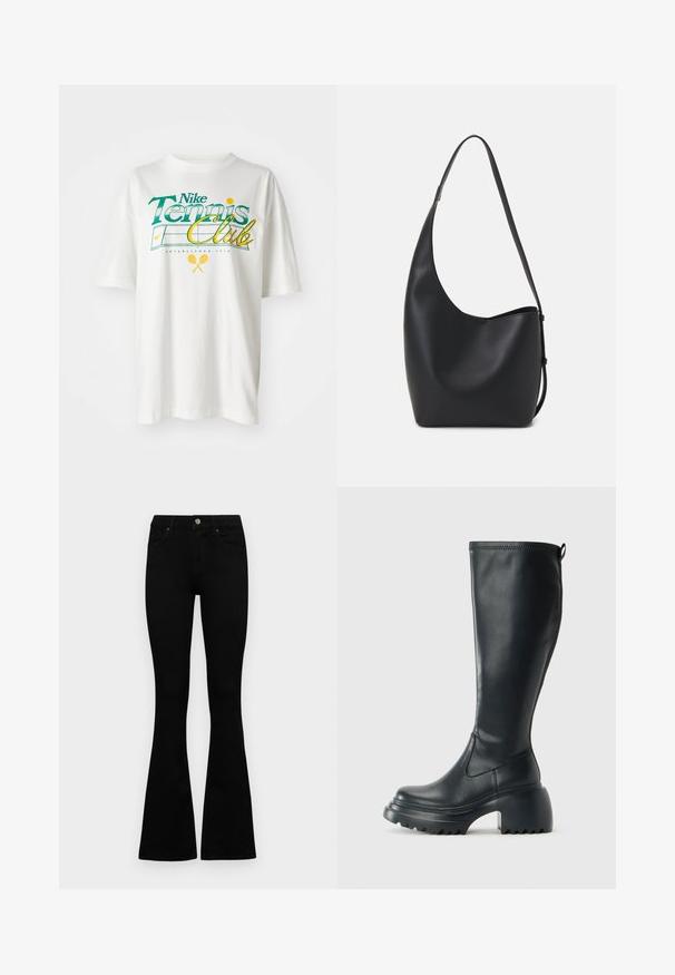 Bela bombažna majica s zelenim in rumenim grafičnim tiskom, "Nike Tennis Club," z motivi tenisa in ustanovljenim letom 1972.; Črne visokotopne kavbojke z gumbom in zadrgo, sprednjimi žepi in razširjenimi hlačnicami, poleg bel background.; Visoka črna usnjena škornja s debelim podplatnim solejem in blok peto, opremljena s potegom in strukturiranim profilom na podplatu.; Črna usnjena hobo torba z gladko teksturo, ukrivljeno obliko in eno nastavljivo naramnico; ima širok odprtina na vrhu.