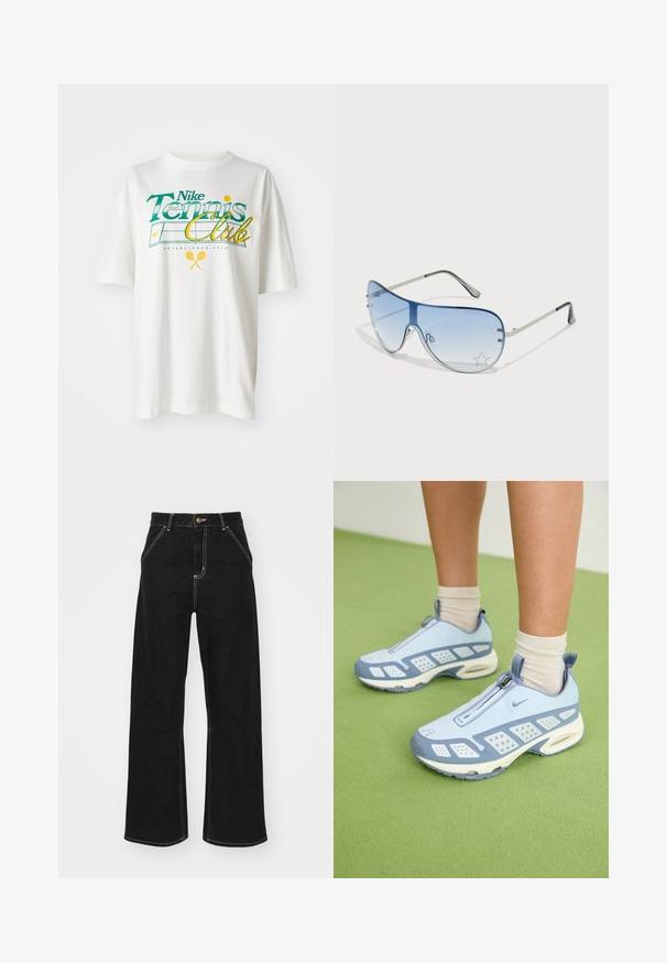 White cotton t-shirt featuring a green and yellow graphic print, "Nike Tennis Club," with tennis motifs and established year 1972.; Black wide-leg jeans made of denim, featuring contrasting white stitching and a front button closure, with two angled front pockets.; Light blue athletic shoes with white accents, textured panels, and a zip closure. Features a visible air cushioning sole and rubber outsole.; Aviator sunglasses featuring a gradient blue lens, silver metal frame, and decorative star accents on the lens. Smooth and sleek design.