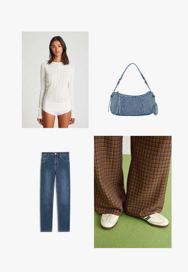 Dolga majica s kremasto rebrasto strukturo in okroglim izrezom. Ima vertikalne črte in prilegajoč način krojenja. Narejena je iz mehke pletene tkanine.; Temno modri jeans z ravnim krojem, petimi žepi, diskretnimi šivi in kovinskim gumbom v pasu.; Rjave in modre kariraste hlače širokih nogavic, v kombinaciji z belimi čevlji, ki imajo črne poudarke in teksturirane podplate, na zeleni podlagi.; Denim torbica s zakrivljenim oblikom, svetlo modre barve, nastavljivim naramnicam in majhno odstranitveno torbico z metalnimi detajli.