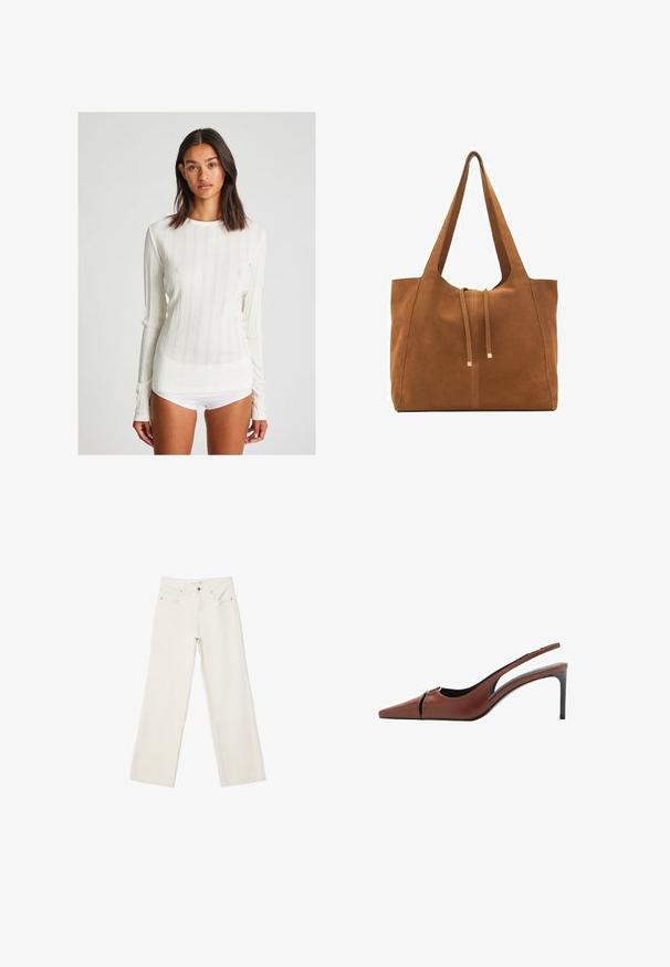 Camicia a maniche lunghe di colore crema con scollatura rotonda. Presenta righe verticali e un design aderente. Realizzata in un morbido tessuto a maglia.; Jeans bianchi a gamba larga in denim, con vita alta, tasche anteriori e chiusura con bottone. Design pulito e minimal con pochi dettagli.; Scarpa con tacco slingback in pelle marrone con punta appuntita, dettaglio a taglio sulla tomaia e un elegante tacco a stiletto. Texture liscia.; Borsa a tracolla in suede marrone con due lunghe cinghie, chiusura con cordoncino e design minimalista. Texture liscia e senza elementi hardware visibili.