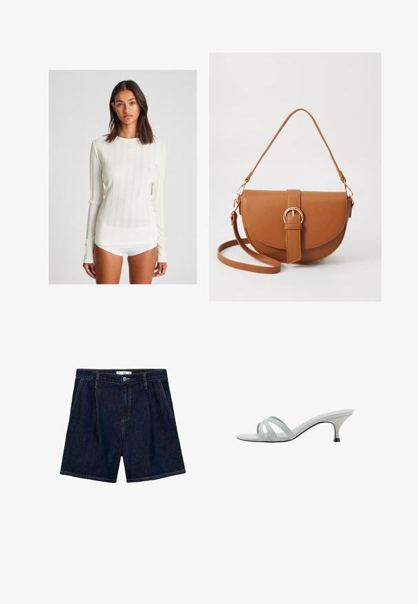 Long-sleeve cream ribbed shirt with a round neckline. Features vertical stripes and fitted design. Made of a soft knit fabric.; Dark blue denim shorts with a high waist, featuring two side pockets and a front button closure. Smooth texture and casual design.; Light gray heeled sandals with three crisscross straps, a slim profile, and a tapered heel. Smooth texture with a slightly shiny finish.; Brown leather crossbody bag with a curved shape, gold hardware, and a buckle accent. Features a detachable shoulder strap.