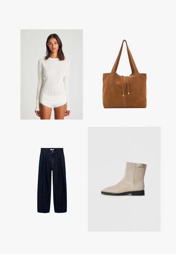 Dolga majica s kremasto rebrasto strukturo in okroglim izrezom. Ima vertikalne črte in prilegajoč način krojenja. Narejena je iz mehke pletene tkanine.; Temne traper hlače širokega kroja z naborki na pasu, z sprednjim gumbom in zankami za pas. Gladka tekstura in dolga zasnova.; Bež usnjeni gležnjarji s koničastim nosom, črnim podplatom, nizko peto in zlatim zaponkom na zunanji strani, prikazani na beli podlagi.; Rjava semiš torba z dvema dolgima ročajema, z vrvico za zapiranje in minimalističnim dizajnom. Gladka tekstura in brez vidnih kovinskih dodatkov.