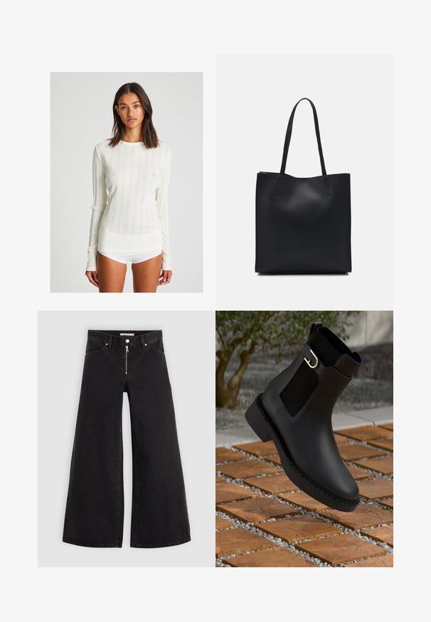 Langärmliges, cremefarbenes, geripptes Shirt mit rundem Halsausschnitt. Merkmale sind vertikale Streifen und ein figurbetontes Design. Aus einem weichen Strickstoff gefertigt.; Schwarze Denim-Jeans mit weitem Bein, Reißverschluss vorne, Fünf-Taschen-Design und dezenten Stickdetails. Glatte Textur und lässiger Stil.; Schwarze Leder-Ankelstiefel mit elastischen Seiteneinsätzen und einer goldenen Schnallendetail, ausgestattet mit einer strukturierten Sohle und einem eleganten Design.; Schwarze Laptoptasche aus Leder mit glatter Textur, rechteckiger Form und zwei langen Griffen. Keine sichtbaren Beschläge oder Verzierungen.