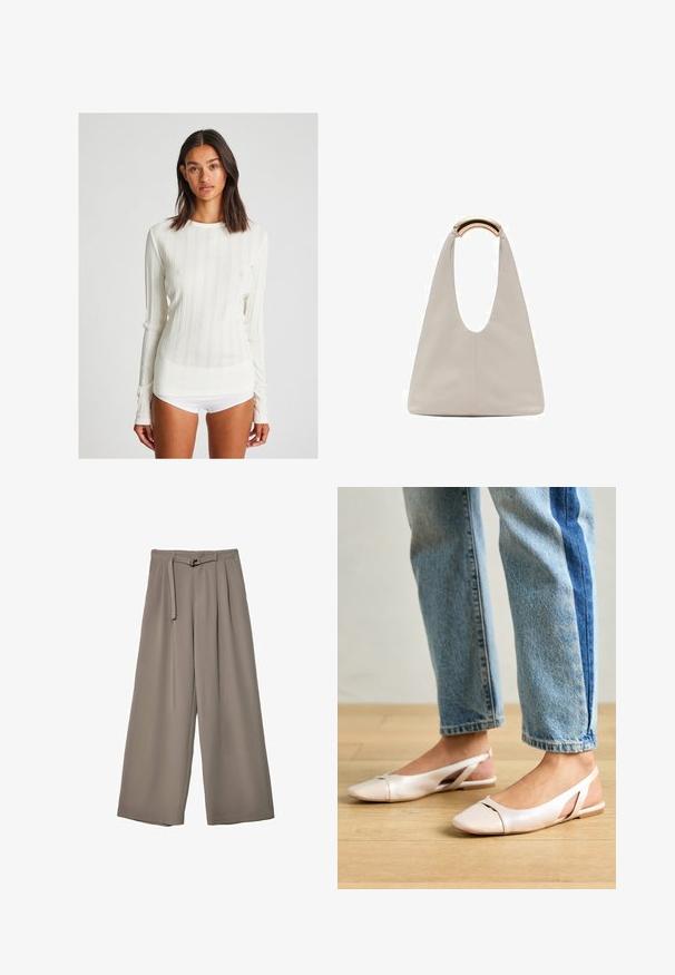 Majica dugih rukava u bjelkastoj boji od rebrastog pletiva s okruglim izrezom. Ima vertikalne pruge i prilagođen dizajn. Izrađena je od mekanog pletenog materijala.; Široke hlače u mekoj, prigušenoj sivoj tkanini, s remenom na struku i plisiranim detaljima za dodatni dizajn. Glatka tekstura, bez uzoraka.; Svijetlo ružičaste slingback balerinke s šiljastim vrhom, izrađene od glatkog materijala nalik koži. Sadrže izrezane detalje sa strane i ravnu petu.; Svijetlosivi kožni torba s oblikom u slovo U i zakrivljenim metalnim drškom. Glatka tekstura s minimalnim šavovima i bez vidljivih uzoraka.
