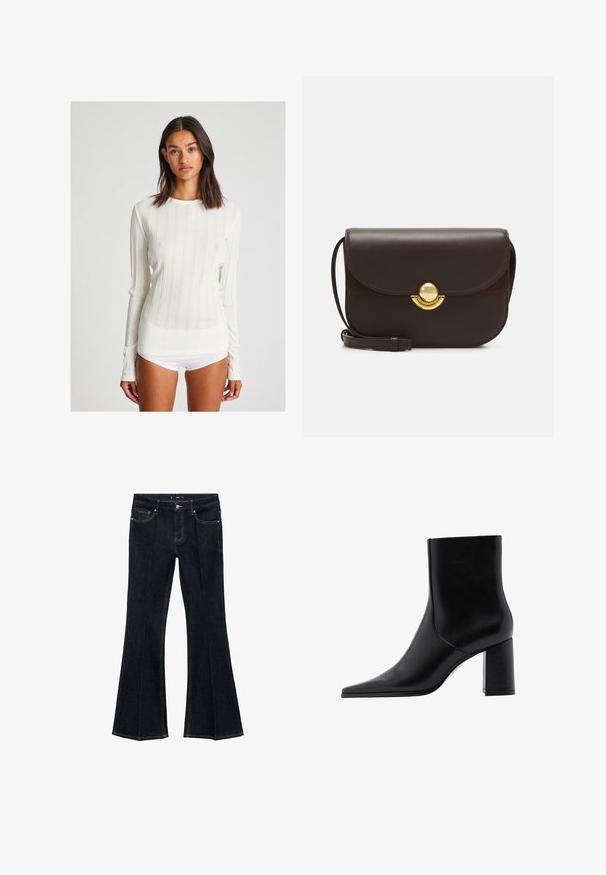 Crème kleurige ribbelshirt met lange mouwen en een ronde halslijn. Heeft verticale strepen en een slim-fit ontwerp. Gemaakt van een zachte brei-stof.; Donkerblauwe denim jeans met hoge taille, voorzakken en wijd uitlopende pijpen, plat weergegeven op een witte achtergrond.; Mango NONO - Enkellaarsjes met hoge hak - black; Furla SFERA ROUND - Schoudertas - cioccolato