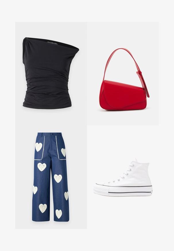 Abercrombie & Fitch ONE SHOULDER - Top - black beauty; Cvetna bluzica z dolgimi puff rokavi, svetlo smetanaste barve, s purpurnimi, oranžnimi in zelenimi cvetličnimi vzorci ter klasičnim ovratnikom.; Sister Jane HEART TO HEART - Ravne kavbojke - blue denim; Beli visoki platneni športni čevelj z črnim gumijastim podplatom, sprednjim gumijastim zaščitnikom za prste in šestimi luknjicami za vezalke, ki se ponaša s preprostim, minimalističnim dizajnom.; Rdeča usnjena torba z angularnim, geometrijskim dizajnom. Ima en samostoječ nastavljiv ročaj in pokrov, zaprt z zapiranjem, ki je okrašen s šivi.