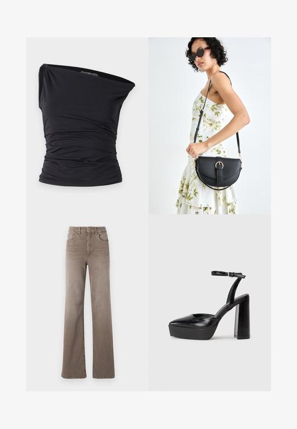 Abercrombie & Fitch ONE SHOULDER - Viršus - black beauty; Rudos aukšto liemens tiesios kojos džinsai su priekyje esančiu mygtuku, dirželio kilpomis ir klasikiniu penkių kišenių dizainu baltoje fone.; Juodi platforminiai aukšti kulniukai su smailiu kojų pirštu ir reguliuojamu kulkšnies dirželiu. Pagaminti iš lygaus odos, turi masyvų blokinį kulną.; Juodas odinis krepšys su išlenkta forma, nuimamu dirželiu ir auksiniais detalėmis. Krepšys turi kilpą su sagtimi.