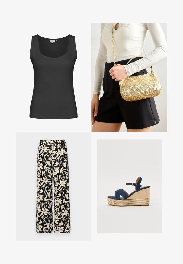 Must have varrukateta must T-särk ruudukujulise kaelusega ja ribakujulise tekstuuriga. Lihtne disain ilma kaunistuste või mustriteta.; Mustad laiad püksid kreemja lillemustriga. Valmistatud kergest kangast, millel on sile tekstuur ja kõrge vöökoht.; Tumesinine klotsmanisaapad ristatud rihmadega, tekstureeritud looduslikust kiust platvorm ja kuldne metallist aktsent põhjas.; Kuldne sära kott, millel on ristkülikukujuline kuju, lühike käepide ja pikk kett. Tekstuur on läikiv ja peegeldav.