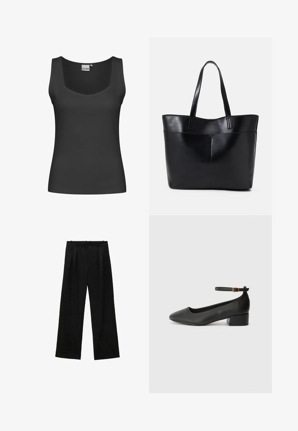 Canotta nera senza maniche con scollo quadrato e texture a coste. Design semplice senza decorazioni o fantasie.; Pantaloni neri a gamba larga con pieghe, caratterizzati da una texture liscia e un design a vita alta. Stile minimalista, senza hardware o decorazioni visibili.; Pump in pelle nera con punta affusolata e tacco basso a blocco. Presenta una cinghia alla caviglia con una fibbia in tonalità oro. Texture liscia.; Borsa a tracolla in pelle nera con due manici lunghi, una texture liscia e una forma strutturata. Presenta una tasca frontale per ulteriore spazio di archiviazione.