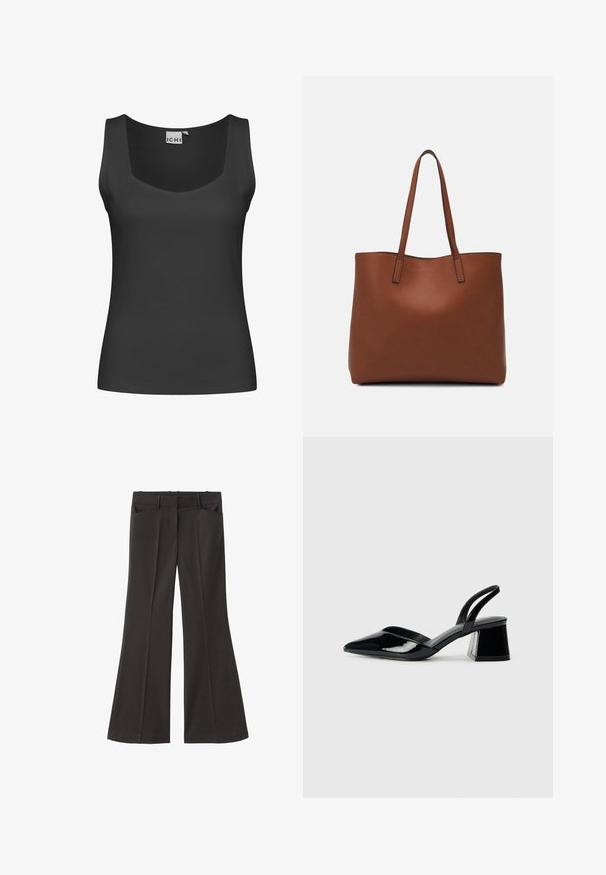 Zwarte mouwloze tanktop met een vierkante halslijn en geribbelde textuur. Eenvoudig ontwerp zonder versieringen of patronen.; Zwarte flared broek met een hoge taille; beschikt over twee voorkeurszakken en een gladde stoftextuur. Geschikt voor verschillende gelegenheden.; Zwarte gepatineerde leren slingback hakken met een spitse neus en een geometrische blokhak. Kenmerkt zich door een slank, minimalistisch ontwerp en een gladde textuur.; Bruine leren tote bag met een gladde textuur, een ontwerp met een open bovenkant en twee schouderbanden. Kenmerkt zich door minimale stiksels en geen zichtbare hardware.