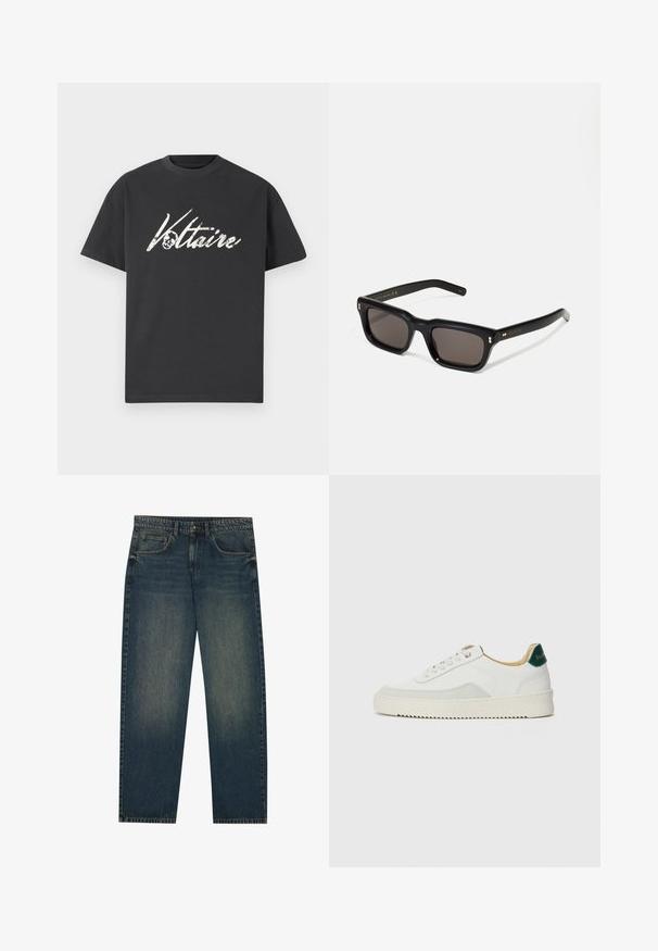 Mustat puuvillapaidat, joissa on suuri valkoinen graafinen printti "Voltaire" pääkallokuvalla. Lyhyet hihansuut, pyöreä pääntie ja rennosti istuva malli.; Tanssikankaiset tummansiniset farkut suoralinjaisella leikkauksella, viisi taskua, ja kevyesti kuluneet sääret. Sopii arkivaatteeksi.; Valkoiset tennarit, joissa on nahkaosia, pyöreä kärki, tasaiset nauhat ja kermaisa kumi-pohja. Takana vihreä brändäys.; Mustat suorakulmaiset aurinkolasit tummilla linsseillä, paksu muovikehys, kultaiset korostukset temppeleissä ja brändin logo kaiverrettuna varteen.