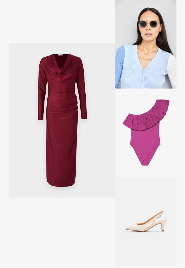 Eén stuk badpak in felroze, met een brede geschulpte schouderdetail en een glad, aansluitend lijfje. Zachte, rekbare stof.; Bordeauxrode jurk met lange mouwen en een coltrui-halslijn, met geplooide details over het torso en een nauwsluitend silhouet. Soepele, rekbare stof.; Witte slingback hak met een spitse neus, glad bovenmateriaal, lage blokhak en een design met uitsparingen aan de zijkant, voorzien van een verstelbare gespsluiting.; Ronde zonnebrillen met donkere glazen en gouden montuur. Het model draagt een lichtblauwe, geribbelde cardigan met knopen en contrasterende witte mouwen.; Michael Kors polsbandje in beige gecoate canvas met een herhaald MK-logo patroon, gouden hardware en een afneembare kettingriem.