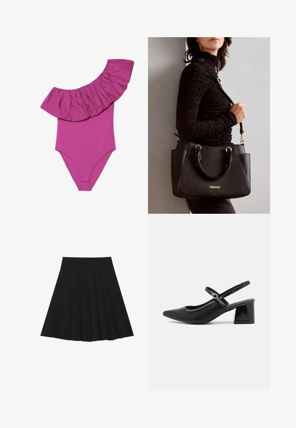 Jednoczęściowy strój kąpielowy w jaskrawym różu, z szerokim falbaniastym detalem na ramieniu i gładkim, dopasowanym krojem. Miękki, elastyczny materiał.; Czarna plisowana spódnica z teksturowanej tkaniny z dopasowanym paskiem. Sięga do kolan, wyróżniając się gładką, czystą sylwetką.; Czarne lakierowane czółenka na słupku ze spiczastym noskiem, lekko zaokrąglonym wycięciem i obcasem w kształcie bloku. Posiadają złotą klamrę jako akcent dekoracyjny.; Czarna torebka z teksturowanej powierzchni, podwójnymi uchwytami na górze i regulowanym paskiem na ramię. Posiada złote okucia i boczne kieszenie.