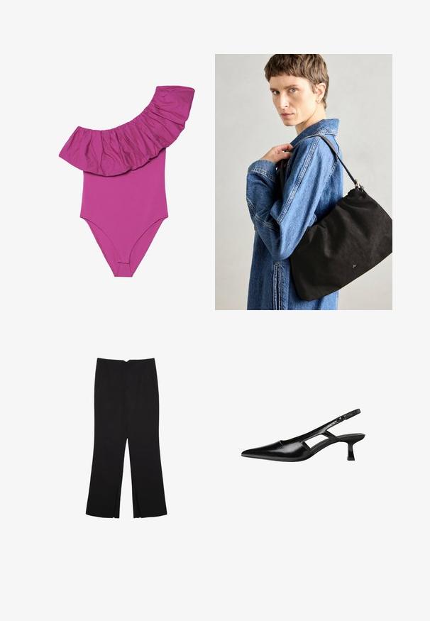 Jednoczęściowy strój kąpielowy w jaskrawym różu, z szerokim falbaniastym detalem na ramieniu i gładkim, dopasowanym krojem. Miękki, elastyczny materiał.; Czarne spodnie o prostym kroju, z przednimi kieszeniami i bocznymi rozcięciami na dole. Wykonane z miękkiego, gładkiego materiału. Odpowiednie na różne okazje.; Czarne lakierowane czółenka na odkrytej pięcie z wąskim noskiem, z wykrojem po bokach i małym kwadratowym obcasem. Gładka faktura z minimalnymi akcentami.; Czarna, zamszowa torebka o miękkim, strukturalnym kształcie, z cienkim skórzanym paskiem i subtelnym logo marki. Modelka nosi dżinsową kurtkę.