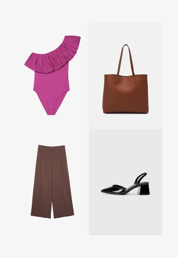 Costume da bagno intero di un vivace colore rosa, con dettagli a spallina ampia e arricciata e un corpo liscio e aderente. Tessuto morbido e elasticizzato.; Pantaloni ampi marroni con una texture liscia, caratterizzati da una vita alta e pieghe frontali. Il tessuto è leggero e scorre liberamente.; Décolleté in vernice nera con punta affusolata e tacco in geometria cubica. Presentano un design elegante e minimalista, con una texture liscia.; Borsa tote in pelle marrone con texture liscia, design con apertura superiore e due spallacci. Presenta cuciture minime e nessun hardware visibile.