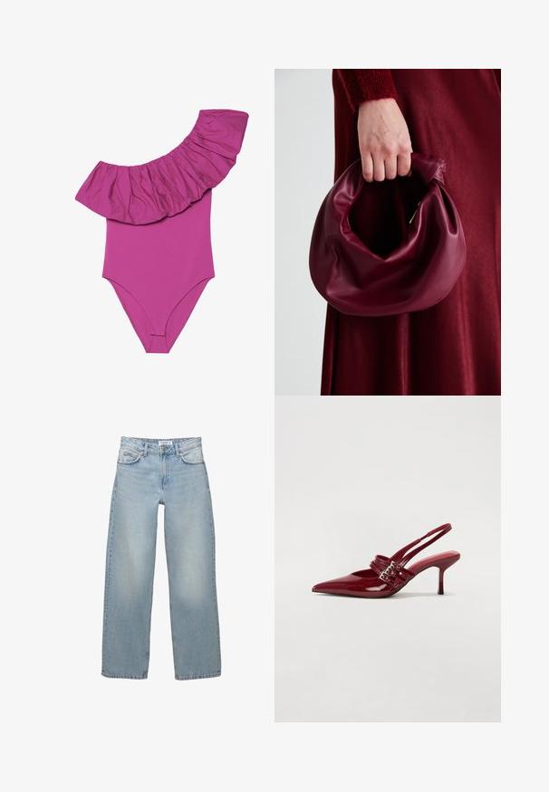 Jednodílné plavky v jasně růžové barvě, které mají široký volánový detail na rameni a hladké, přiléhavé tělo. Měkká, pružná látka.; Světle modré, široké džíny vyrobené z denimu. Mají klasický design s pěti kapsami a zapínáním na knoflík a zip.; Červené lakované kožené lodičky na podpatku s špičatou špičkou, dvěma přezkami a štíhlým, středně vysokým jehlovým podpatkem. Hladký povrch.; Burgundská kožená kabelka s měkkým, nabíraným designem a zaobleným tvarem. Ucho je zajištěné a vykazuje hladkou texturu.