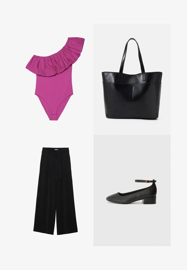 Jednodijelni kupaći kostim u jarkoj ružičastoj boji, s širokim volanom na ramenima i glatkim, prilagođenim tijelom. Mekani, rastezljivi materijal.; Crne široke hlače od teksturirane tkanine, s elastičnom pojasom i odvojivim remenom na struku za prilagodivo pristajanje.; Crne kožne pumpe s oštrim vrhom i niskom blok petom. Sadrže remen oko gležnja s zlatnim kopčanjem. Glatka tekstura.; Crna kožna torba s dugim ručkama, glatkom teksturom i strukturiranim oblikom. Ima prednju džep za dodatno pohranu.