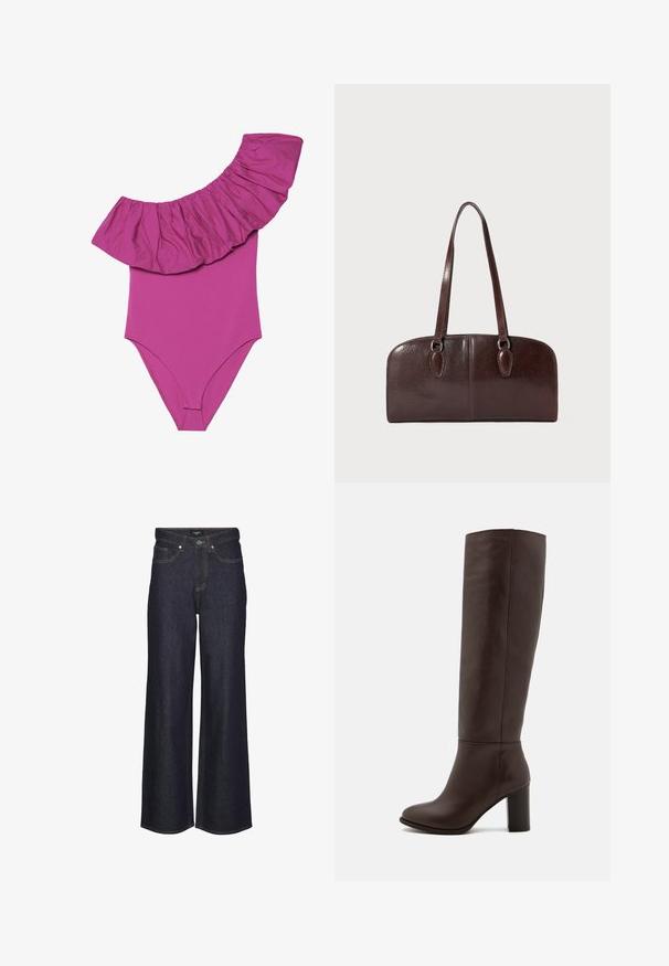 Enstycke baddräkt i stark rosa, med breda volangdetaljer på axlarna och en slät, figurnära kropp. Mjuk, elastisk tyg.; Högmidjade vida jeans i mörk denim. Har klassisk sömnad, fem fickor och en knäppning framtill.; Brun läder knähög stövel med klack, slät textur, rund tå och minimala sömnadsdetaljer.; Brun läderhandväska med två långa handtag, en strukturerad rektangulär form, slät textur och rundade kanter. Har accentdetaljer vid handtagen.