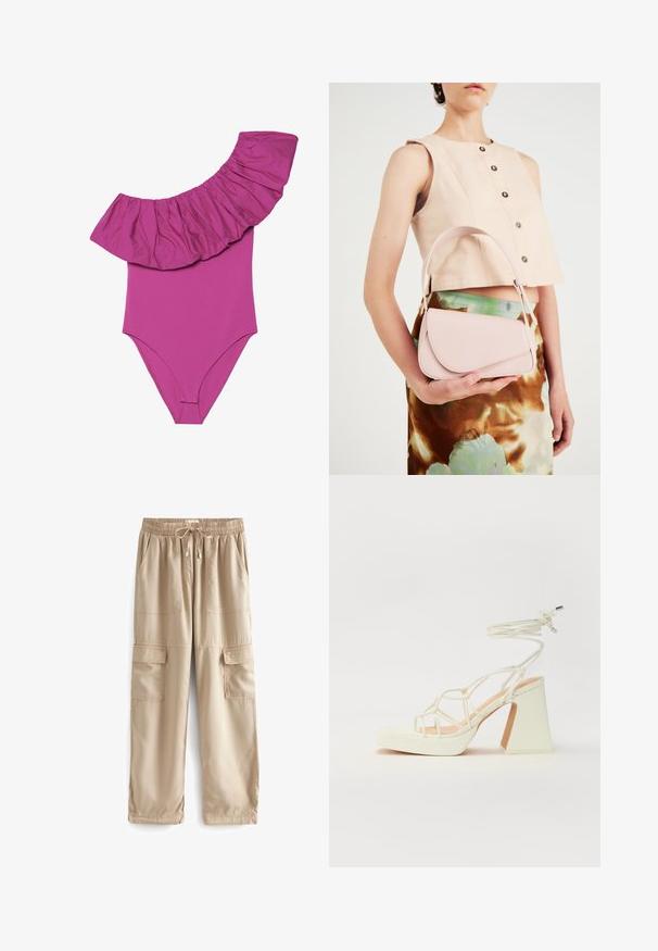 Jednodielne plavky v jasne ružovej farbe, s širokým volánovým detailom na ramene a hladkým, priliehavým telom. Mäkkučký, elastický materiál.; Béžové cargo nohavice vyrobené z ľahkého materiálu, s elastickým pásom, šnúrkou na utiahnutie a viacerými veľkými prednými vreckami.; Biele sandále na vysokom opätku s hrubým podpätkom, s pruhovaným dizajnom a viazaním na členku. Hladký povrch s platformou vpredu pre zvýšenú výšku.; Ružová kožená kabelka s zakriveným klapkovým uzáverom, jedným ramenným popruhom a čistými líniami. Kabelka má hladkú textúru a minimalistický dizajn.