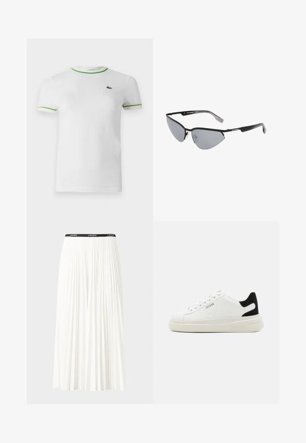 Witte katoenen t-shirt met korte mouwen, een ronde hals en groene en gele ribbelaccenten bij de kraag en de mouwen. Lacoste-logo op de borst.; Plisséminirok in het wit met een zwarte elastische tailleband met het "LACOSTE"-logo. Middellange ontwerp met een zachte textuur.; Witte leren sneakers met een dikke witte zool, zwarte suède hielaccent en een geperst logo op de zijkant. Vetersluiting met zes oogjes.; Zwarte zonnebril met een hoekig, cat-eye ontwerp. Zilveren spiegellenzen. Slanke, lichte kunststof monturen met subtiele branding op de sleuven.