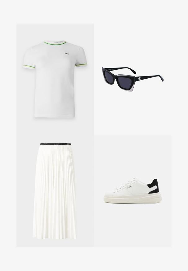 Hvid bomulds t-shirt med korte ærmer, rund hals og grønne samt gule ribbede detaljer ved kraven og ærmerne. Lacoste-logo på brystet.; Plisseret hvid nederdel med en sort elastisk talje, der har "LACOSTE"-logoet. Mellemlang design med blød tekstur.; Hvide lædersneakers med en tyk hvid sål, sort ruskindhælvægt og prægede logoer på siden. Snørebåndsdesign med seks øjer.; Store sorte oversized solbriller med geometrisk form, med mørke linser og en kontrasterende grå detalje på stellet. Logo på armen.