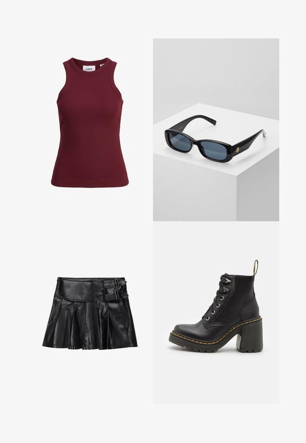 Burgundy ujjatlan bordázott trikó kerek nyakkivágással és testhez álló fazonnal. Tartós anyaga van, és a gallér belső részén megtalálható a márkás címke.; Fekete bőrnadrág redőkkel, széles derékrésszel és két csattal az oldalon. Sima textúra fényes felülettel.; Fekete bőr bokacsizma, telitalpú, csipkés elülső résszel, fém szemekkel és sárga varrással a talpon. Texturált gumi talp.; Fekete, téglalap alakú napszemüveg kék árnyalatú lencsékkel, vastag kerettel és arany kör alakú díszítéssel az oldalon. Simaságot és fényességet sugárzó külső.; Burgundy színű, szintetikus anyagból készült kézitáska, strukturált dizájnnal, levehető pánttal és a fogantyúra kötött virágmintás sállal.