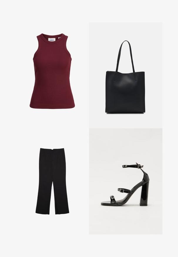 Burgundin värinen hihaton ribbikankainen toppi, jossa on pyöreä kaula-aukko ja tiukka malli. Ominaisuuksiin kuuluu kestävä kangas ja brändilabel kauluksessa.; Mustat housut suoralinjaisella leikkauksella, joissa on etutaskut ja sivurei'ät helman alla. Valmistettu pehmeästä ja sileästä kankaasta. Sopii eri tilaisuuksiin.; Musta kiiltävä korkokenkä sandaalit neliönmuotoisella varpaalla, nilkkaremmillä ja hopeisilla soljilla. Varustettu tukevalla lohkokorkealla vakauden takaamiseksi.; Mustapahkainen kangaskassi, jossa on sileä pinta, suorakaiteen muotoinen ja kaksi pitkää kahvaa. Ei näkyvää metalliosaa tai koristeita.