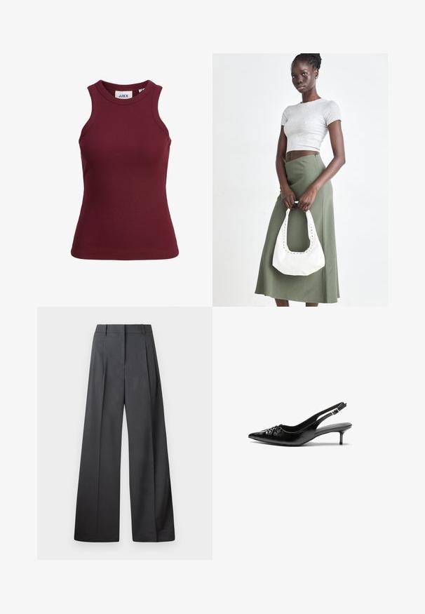 Burgunderrød ermeless ribbet tanktop med rund hals og en tettsittende design. Har et slitesterkt stoff og en merkeetikett inni kragen.; Vide bukser i mørkegrått stoff med høy livlinje, enkel press, og en glatt tekstur med en ren finish på ermekantene.; Sorte skinnert remsandaler med spiss tå, liten kittenhæl og en dekorativ knute detalj foran. Glatt tekstur gjennom hele.; Grå ribbet topp og olivengrønn høy midje skjørt. Modellen holder en hvit skulderveske med utskjæringsdetaljer. Enkelt design, tettsittende silhuett.