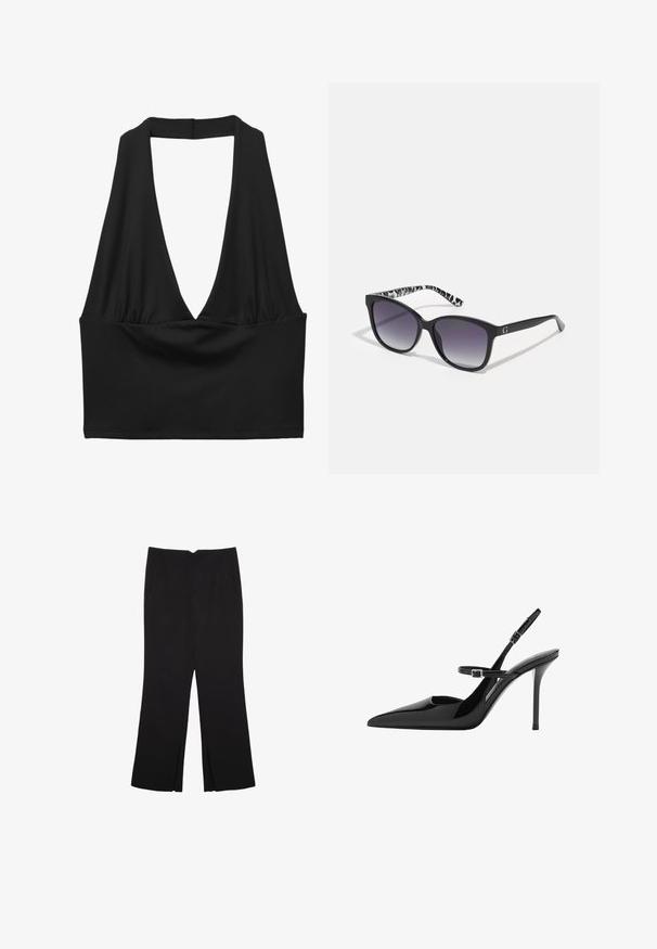 Czarny bezrękawnik z głębokim dekoltem w kształcie litery V, z marszczonym detalem tkaniny i gładką teksturą. Prosty krój, bez ozdób.; Czarne spodnie o prostym kroju, z przednimi kieszeniami i bocznymi rozcięciami na dole. Wykonane z miękkiego, gładkiego materiału. Odpowiednie na różne okazje.; Czarne lakierowane szpilki slingback z ostrym noskiem, regulowanym paskiem i obcasem w kształcie stiletto. Gładka powierzchnia o błyszczącym wykończeniu.; Czarne okulary przeciwsłoneczne z gradientowymi soczewkami, w kształcie kwadratu, z teksturowanym czarno-białym wzorem na zauszniku. Posiadają srebrny akcent w postaci logo.