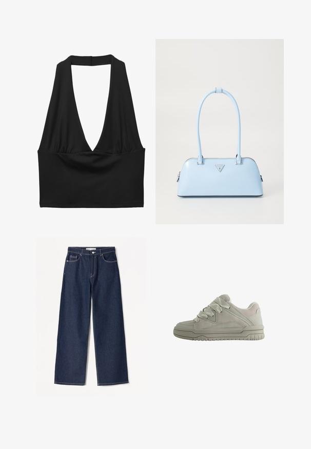 Zwart mouwloos cropped top met een diep V-halsontwerp, geplooide stofdetail en een gladde textuur. Eenvoudig ontwerp, zonder versieringen.; Donkerblauwe wijdvallende jeans van denimstof met witte stiksels, heeft twee zijzakken en een klassieke knoopsluiting.; Lichtgrijze sport schoenen met een bovenwerk van suède en mesh, voorzien van dikke veters, een gestructureerde rubberen zool en subtiele stikdetails.; Lichtblauwe handtas met een gestructureerde vorm, van soepel leer, met twee handvatten en een driehoekig merklogo aan de voorkant. Met ritsluiting.