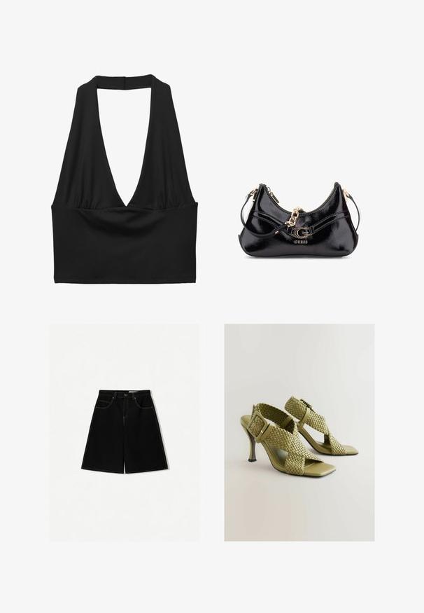 Top corto nero senza maniche con una profonda scollatura a V, dettaglio in tessuto arricciato e texture liscia. Design semplice, senza decorazioni.; Pantaloni shorts di denim neri con vestibilità ampia, dotati di cinque tasche, dettagli di cucitura gialla e design a vita media.; Sandali con tacco intrecciati verdi, con fibbia regolabile, apertura quadrata sulla punta e suola liscia. Presentano un tacco alto elegante e affusolato e cinturini testurizzati.; Borsa in pelle patent nera con design curvo, dettagli in metallo dorato e un logo prominente. Include una tracolla removibile.