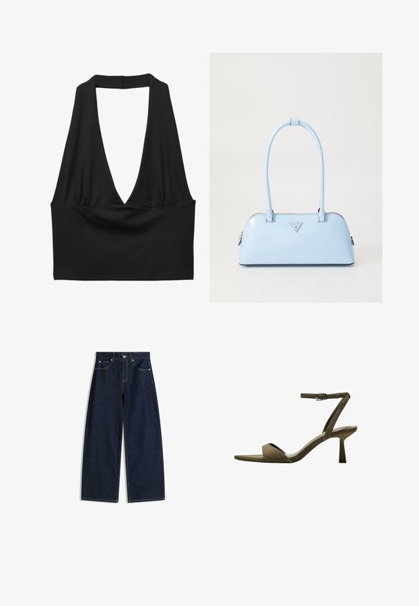 Schwarzes ärmelloses Crop-Top mit tiefem V-Ausschnitt, gerafftem Stoffdetail und glatter Textur. Einfaches Design, ohne Verzierungen.; Dunkelblaue Denim-Jeans mit weitem Bein, Fronttaschen, Knopfverschluss und sichtbaren Nähten vor weißem Hintergrund.; Bershka WITH ANKLE STRAP - Riemensandalette - mottled green; Helle blaue Handtasche mit strukturierter Form, glattem Leder, zwei Griffen und einem dreieckigen Markenlogo auf der Vorderseite. Mit Reißverschluss.