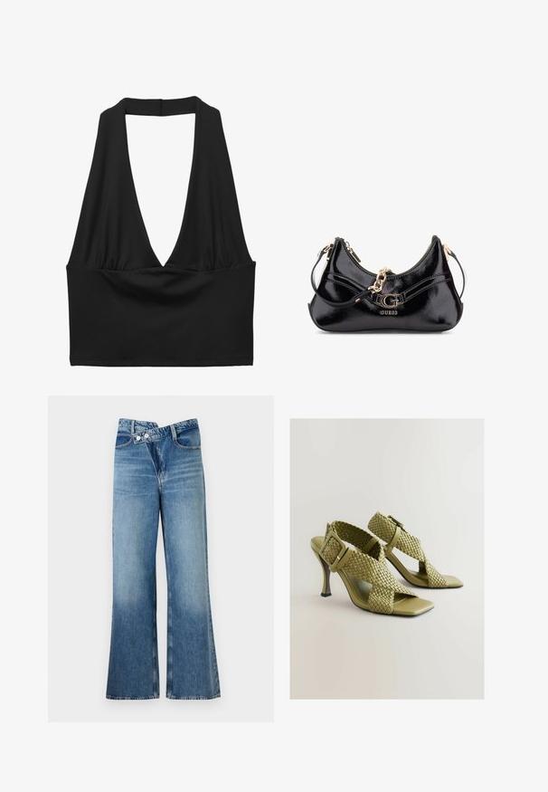 Black sleeveless crop top with a deep V-neckline, gathered fabric detail, and smooth texture. Simple design, without embellishments.; Light blue denim flared jeans with a high waist, featuring two buttons and front pockets. Fabric has a faded texture with subtle variations.; Green woven heeled sandals with adjustable buckle, square open toe, and a smooth sole. Features sleek, slender high heel and textured straps.; Black patent leather bag featuring a curved design, gold hardware accents, and a prominent logo. Includes a removable shoulder strap.