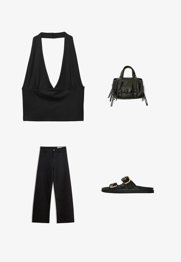 Zwart mouwloos cropped top met een diep V-halsontwerp, geplooide stofdetail en een gladde textuur. Eenvoudig ontwerp, zonder versieringen.; Zwarte denim broek met wijde pijpen en een hoge taille, voorzien van voor- en achterzakken, gestikte naden en een knoopsluiting. Gladde textuur.; Zwarte slipper met twee gouden gesps, gladde textuur, platte zool en een minimalistisch ontwerp.; Zwarte lederen handtas met gevlochten handvatten, ritsvak en hangende franjes. Gelaagde oppervlakte met metalen studs en hardwareaccenten.