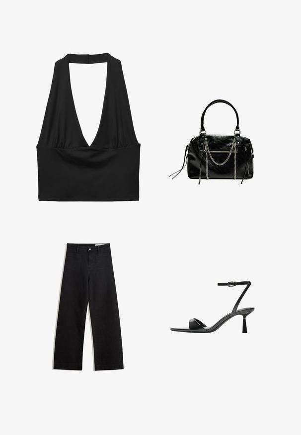 Top corto nero senza maniche con una profonda scollatura a V, dettaglio in tessuto arricciato e texture liscia. Design semplice, senza decorazioni.; Pantaloni in denim neri a gamba larga con vita alta, dotati di tasche anteriori e posteriori, cuciture a punto, e chiusura con bottone. Texture liscia.; Bershka Sandali con tacco - black; Bershka WITH CHAIN - Borsa a mano - black