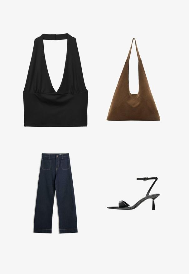 Musta hihaton crop top syvällä V-pääntiellä, kootun kankaan yksityiskohtia ja sileä pinta. Yksinkertainen muotoilu ilman koristeluja.; Tummansinisiä leveälahkeisia farkkuja, joissa on vaaleanruskeat tikkaukset, kaksi takataskua ja napitus vyötäröllä.; Bershka Korolliset sandaalit - black; Ruskea mokkakangasta valmistettu olkalaukku, jossa on kolmion muotoinen muotoilu, pitkät olkahihnat ja suuri avoin yläpinta, jossa on leikattu kantokahva.